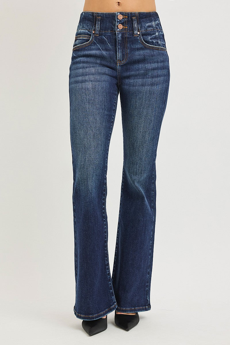 RISEN High Rise Flare Jeans with Seam Detail Waistband - Be Bliss Boutique
