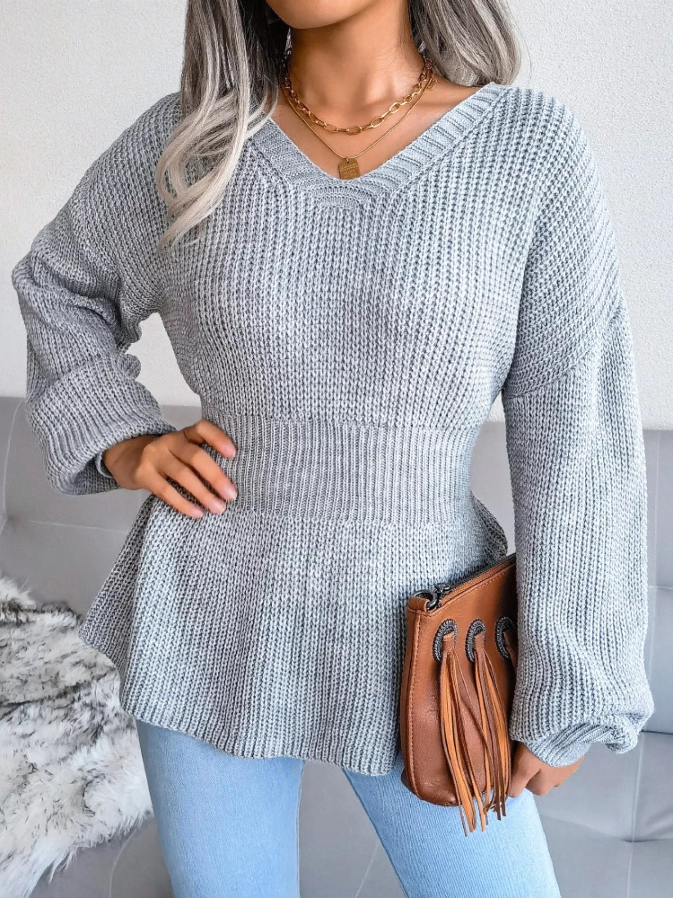 V-Neck Dropped Shoulder Sweater - Be Bliss Boutique