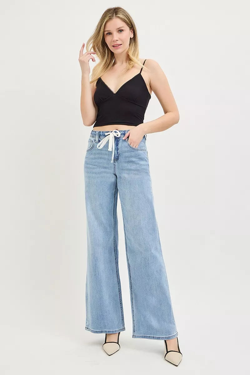 RISEN Elastic Band Slouchy Wide Leg Jeans with Drawstring - Be Bliss Boutique