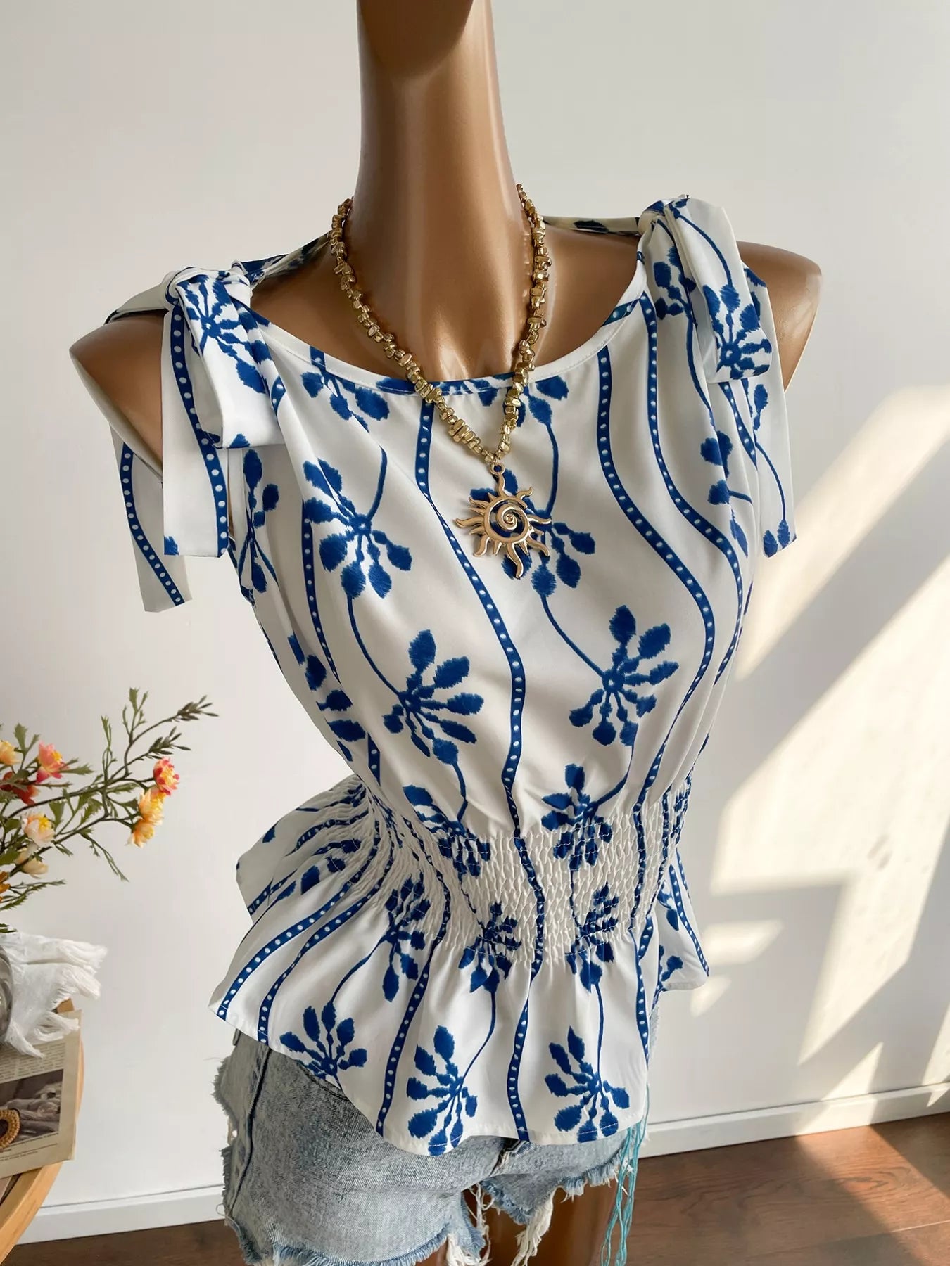 Smocked Tie Shoulder Blouse - Be Bliss Boutique