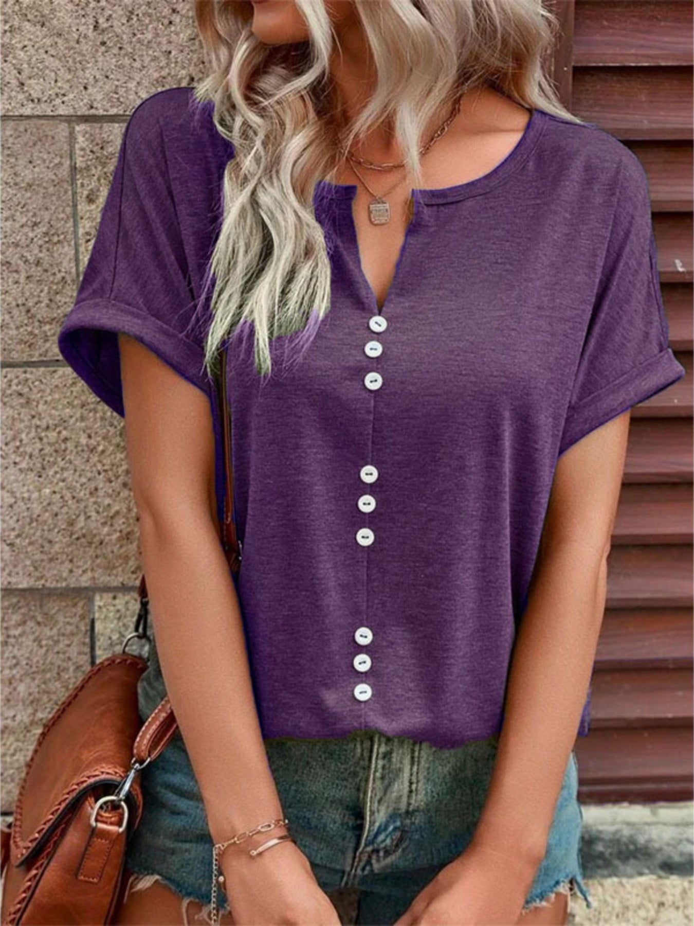 Full Size Decor Button Short Sleeve T Shirt - Be Bliss Boutique