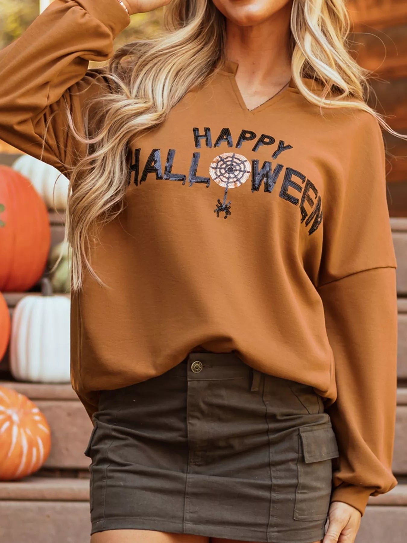 Happy Halloween Graphic Notched Long Sleeve Loose Top -  Be Bliss Boutique