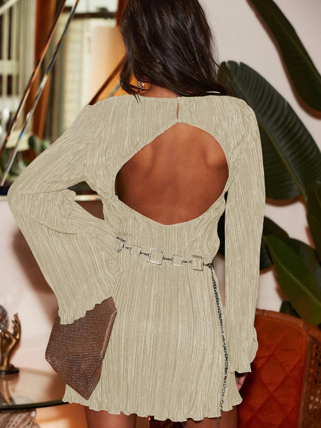 Cutout Back Flare Sleeve Dress -  Be Bliss Boutique