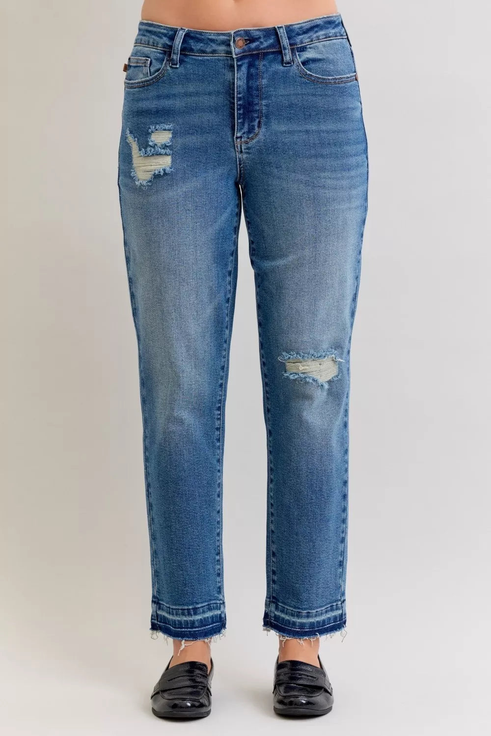 Judy Blue Full Size Mid Rise Bf Patch & Repair Destroy Release Hem Jeans Plus Size - Be Bliss Boutique