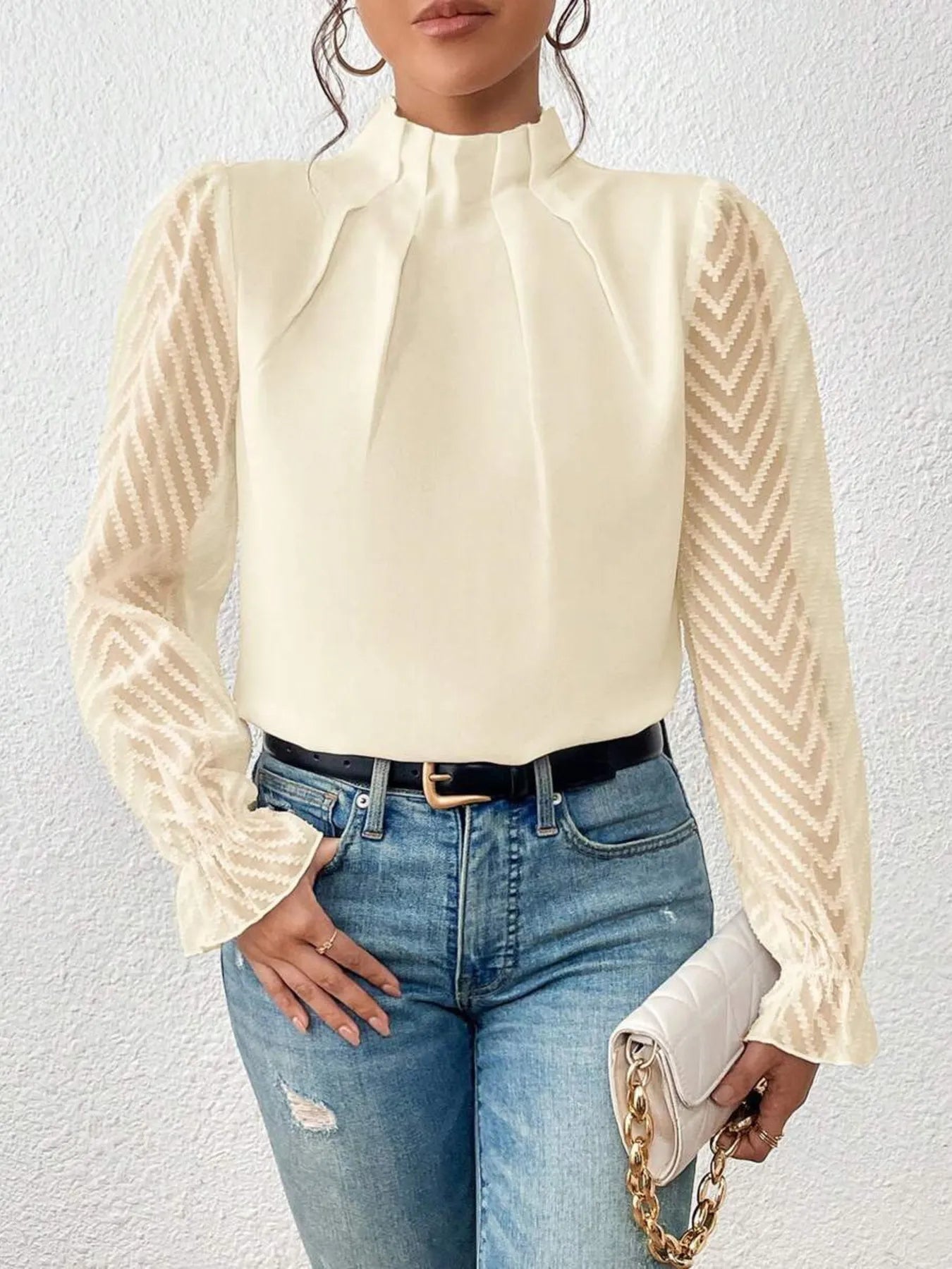 Mock Neck Flounce Sleeve Blouse -  Be Bliss Boutique