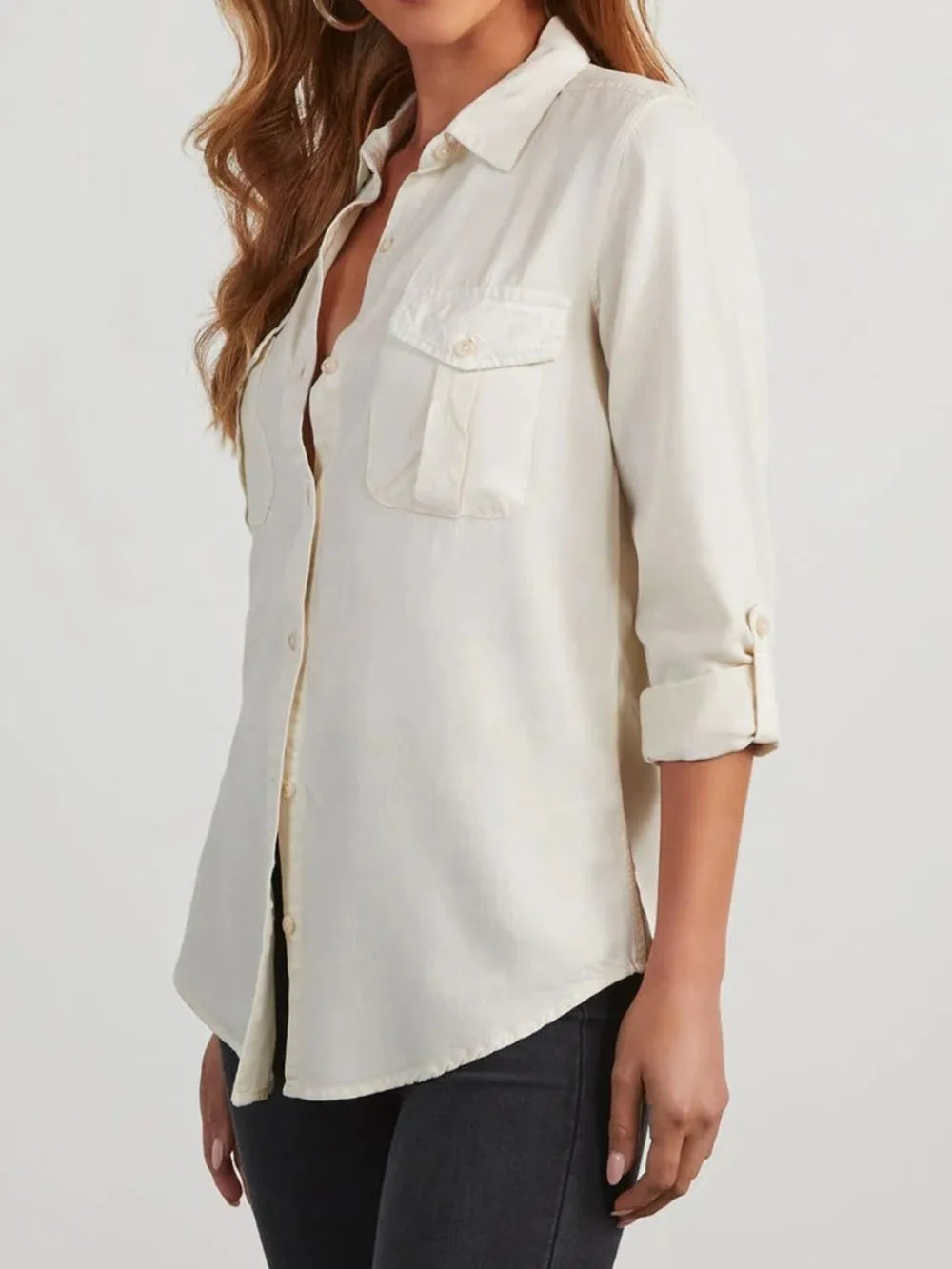Collared Neck Roll-Tab Sleeve Womens Denim Shirt - Be Bliss Boutique