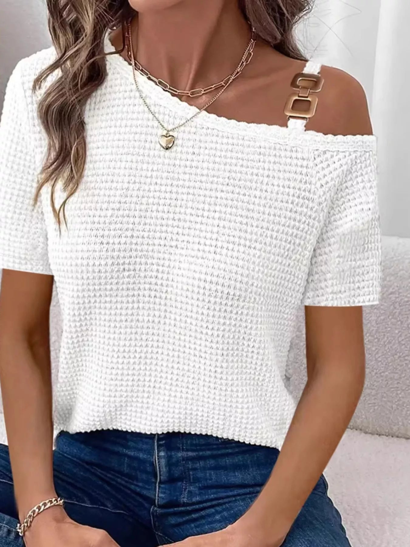 Chain Detail Waffle Knit One Shoulder T Shirt - Be Bliss Boutique