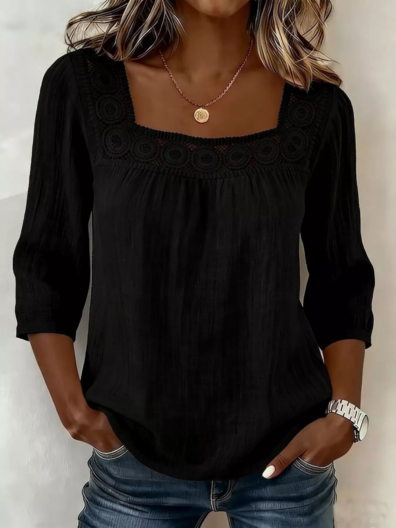 Crochet Trim Square Neck Blouse - Be Bliss Boutique