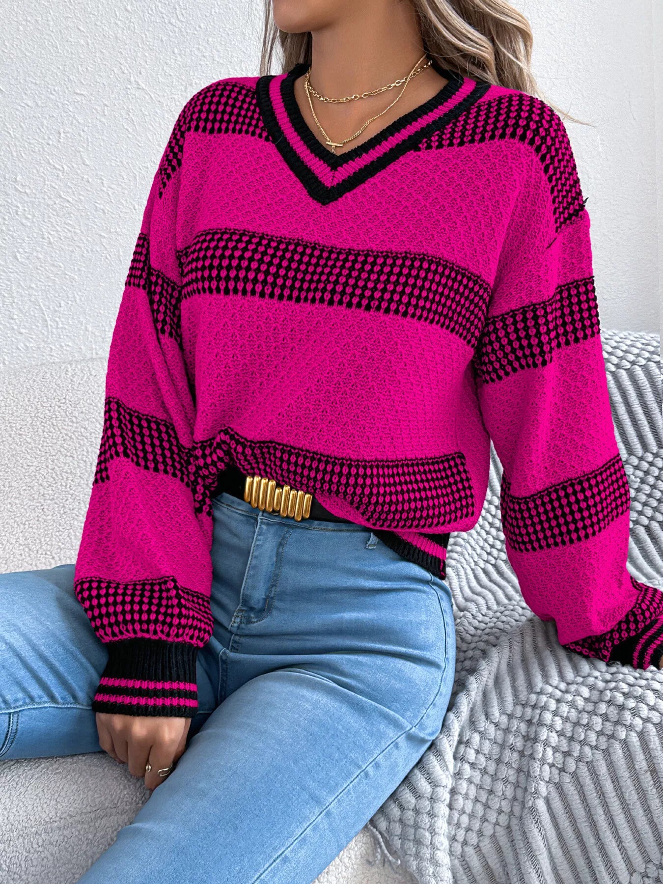 Contrast Striped V-Neck Sweater - Be Bliss Boutique