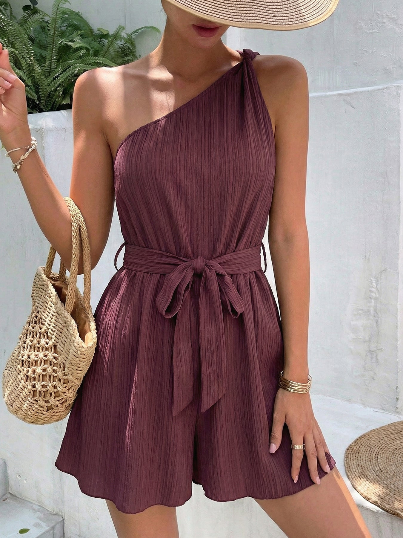 One-Shoulder Tie Waist Romper - Be Bliss Boutique
