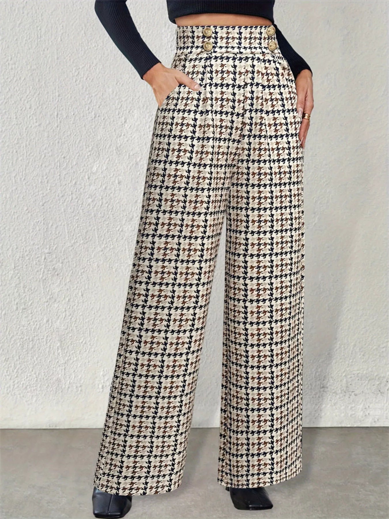 High Waisted Houndstooth Wide Leg Pants - Be Bliss Boutique