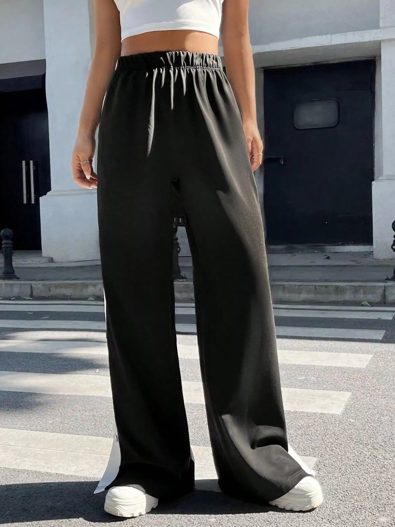 Two-Tone Side Snap Wide Leg Pants -  Be Bliss Boutique