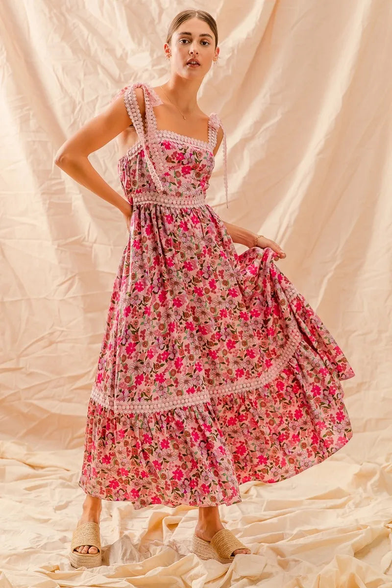 SO ME Floral Maxi Dress With Ribbon Tie Lace Strap -  Be Bliss Boutique