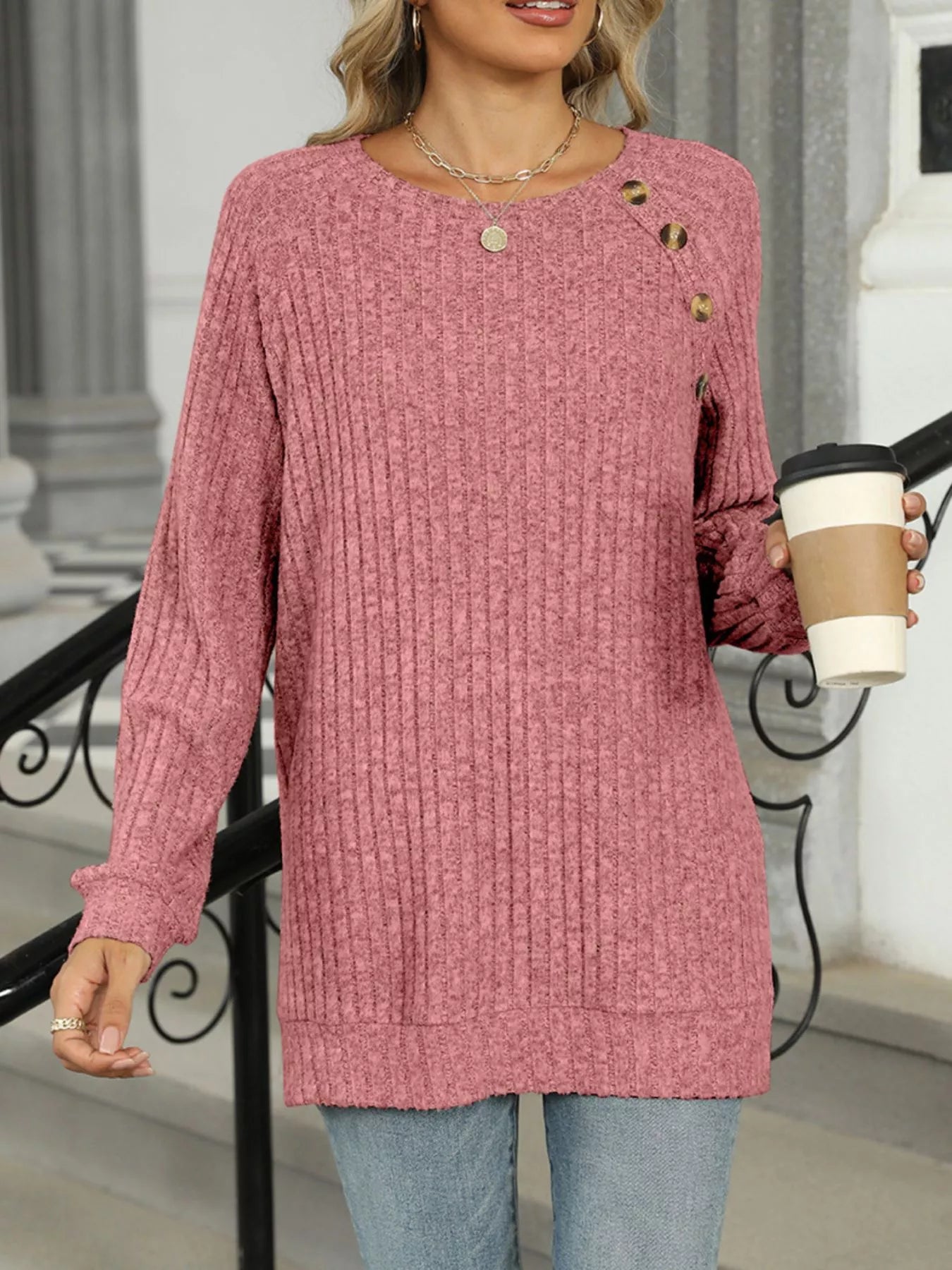 Cozy Chic Ribbed Button Detail Long Sleeve Tunic -  Be Bliss Boutique