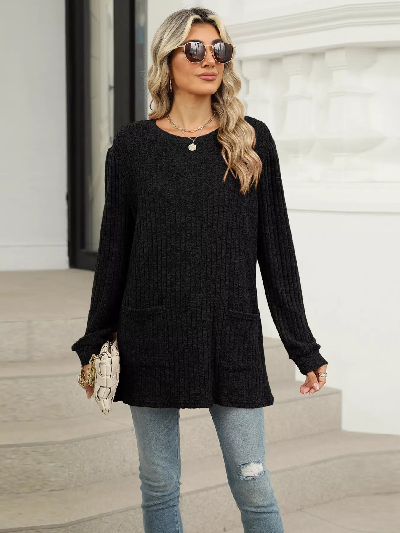 Cozy Ribbed Knit Long Sleeve Tunic Top with Pockets -  Be Bliss Boutique