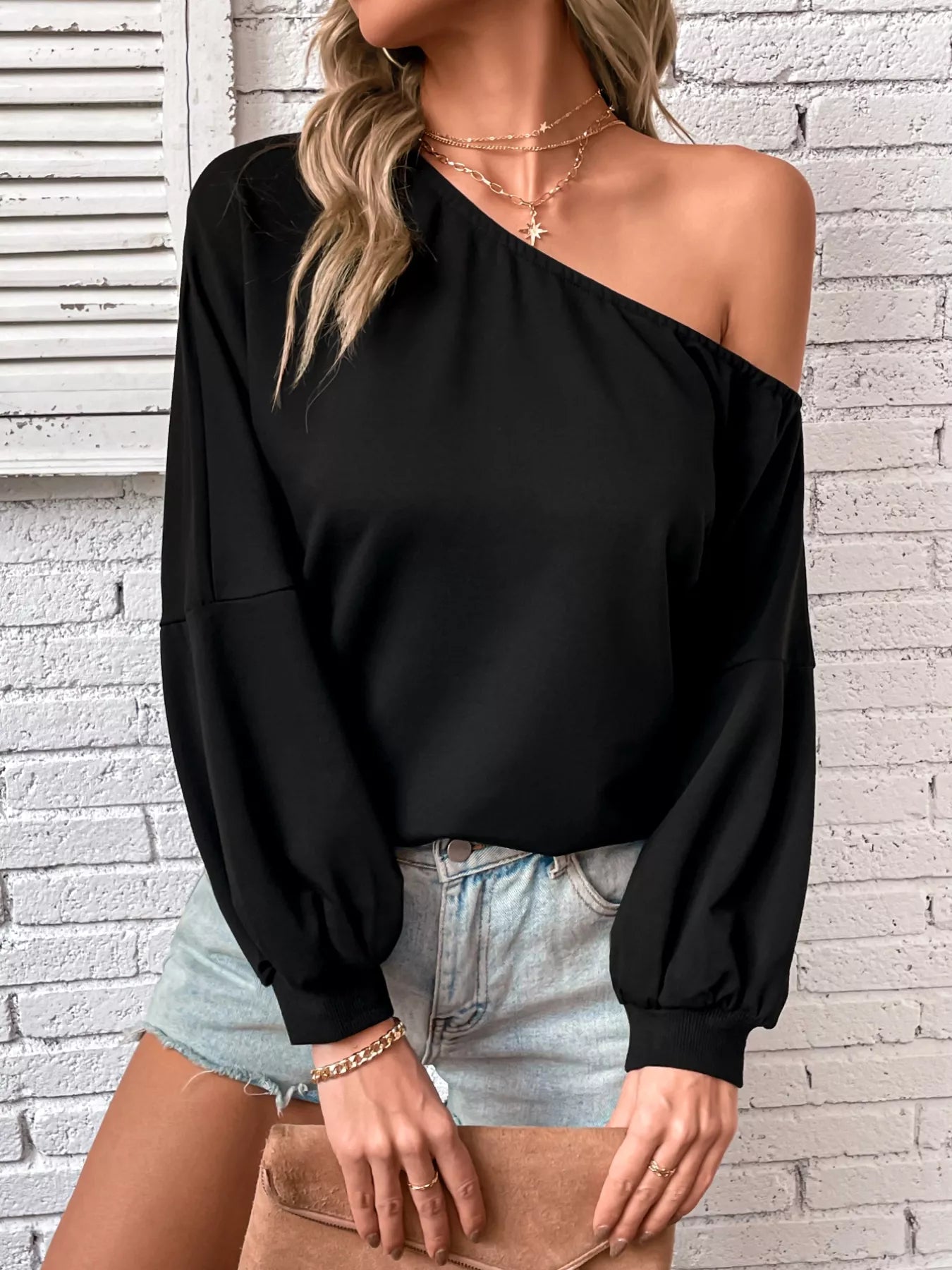 One-Shoulder Long Sleeve Casual Sweatshirt - Be Bliss Boutique