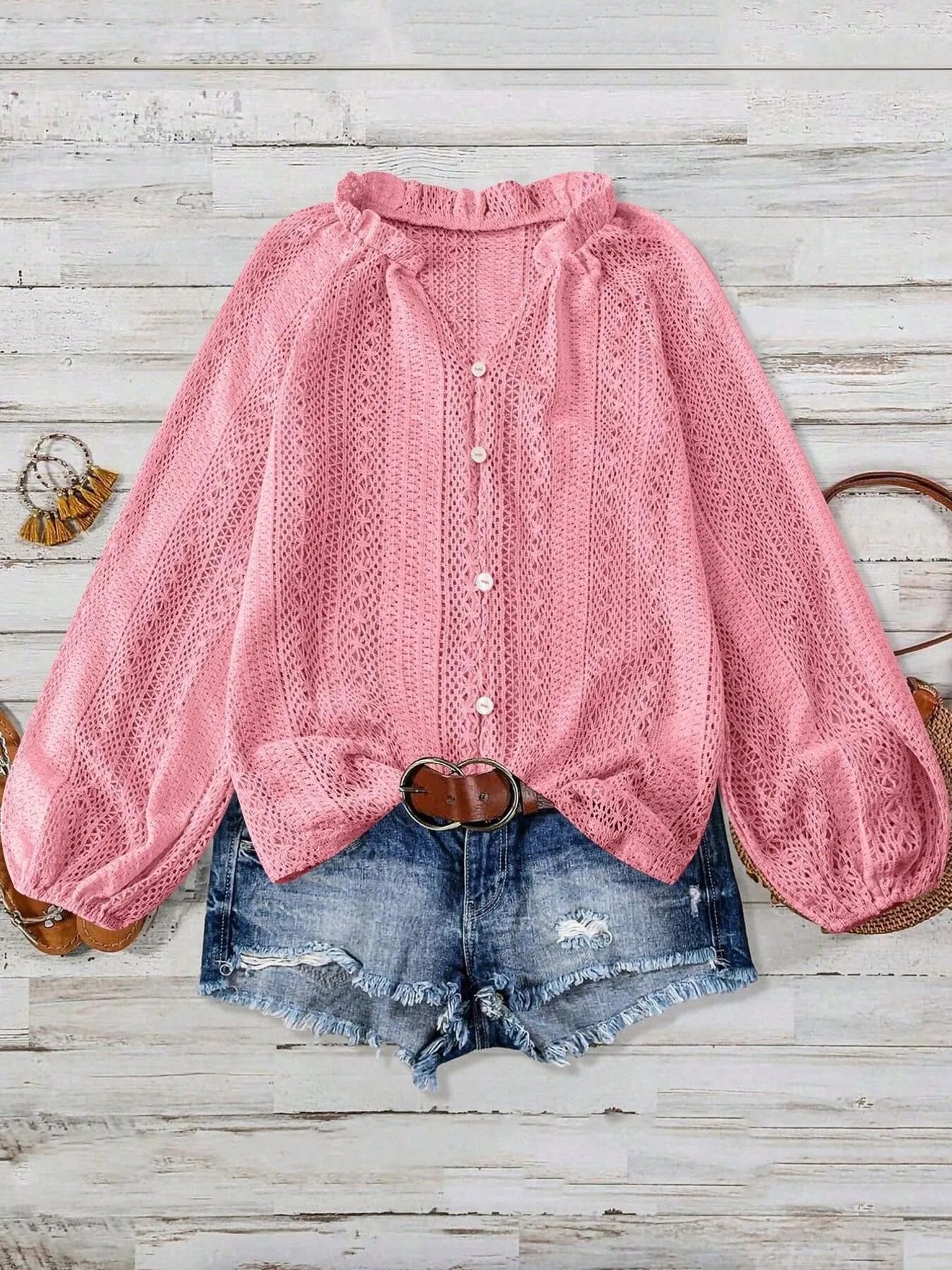 Crochet Notched Button-Front Shirt -  Be Bliss Boutique
