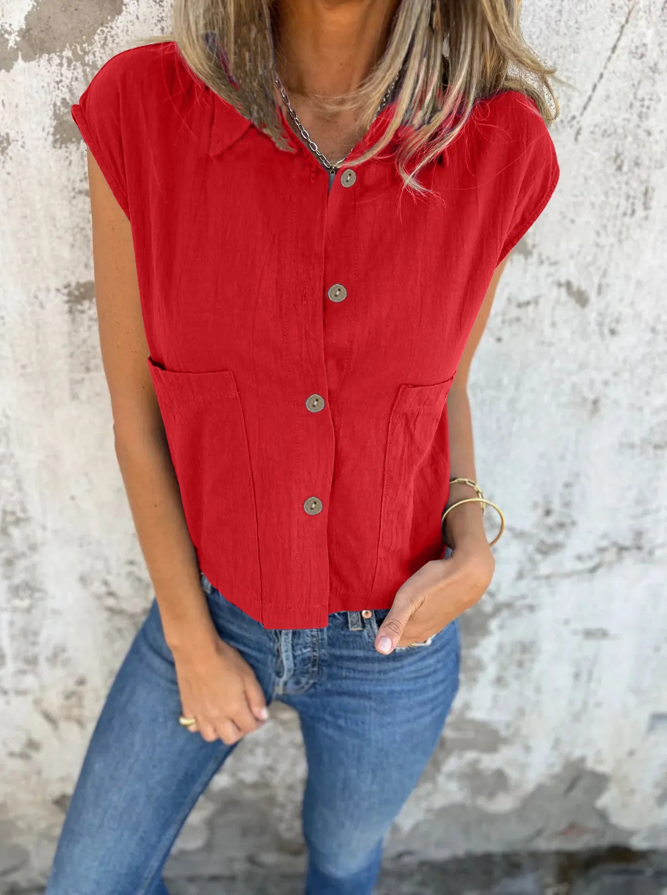 Full Size Button Down Cap Sleeve Linen Shirt Plus Size - Be Bliss Boutique