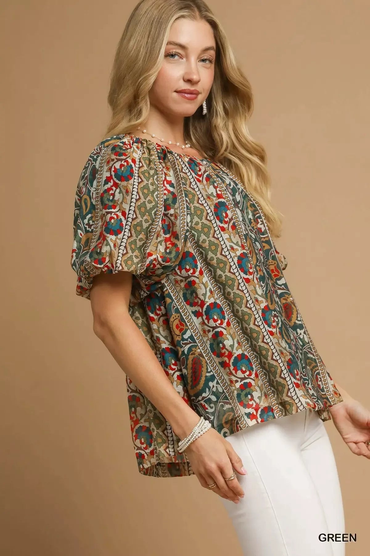 Umgee Boho Floral Stripe Puff Sleeve Blouse -  Be Bliss Boutique