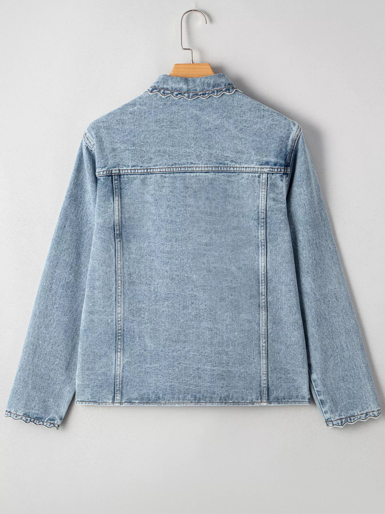 Scallop Trim Collar Patched Pocket Button Up Denim Jacket - Be Bliss Boutique