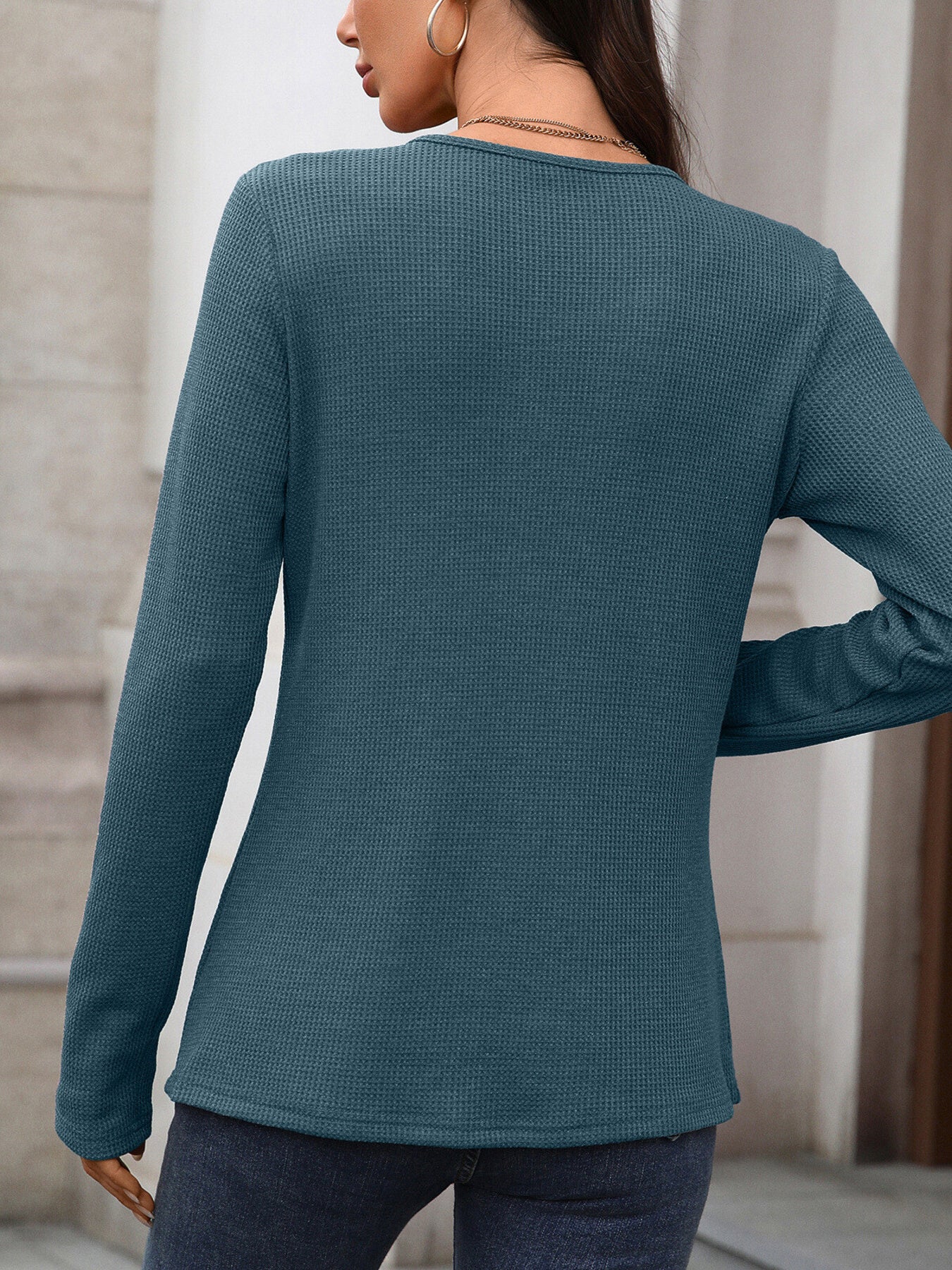 Women's Waffle Knit Long Sleeve Button Henley T Shirt - Be Bliss Boutique