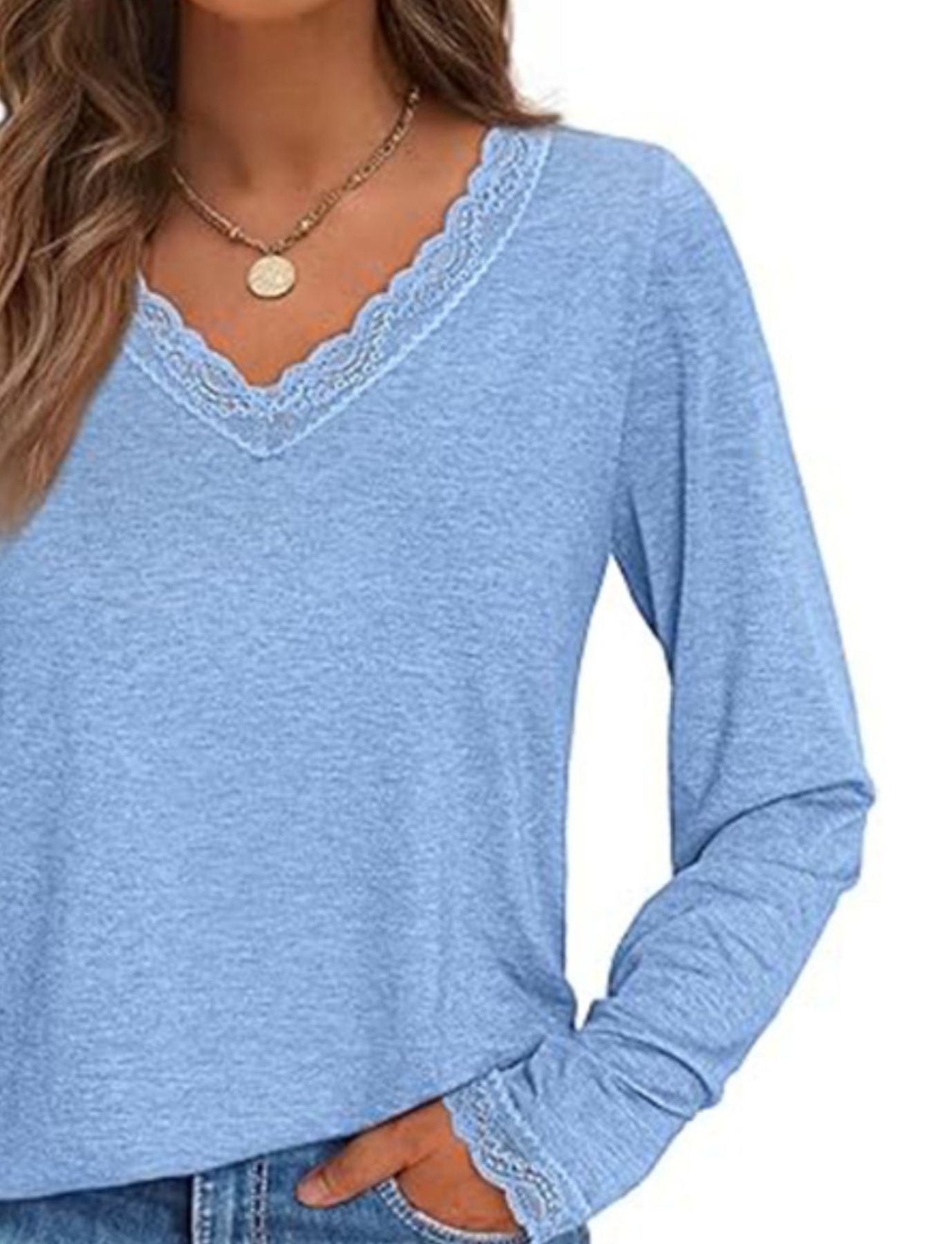 Women's Lace Trim V Neck Long Sleeve Top - Be Bliss Boutique