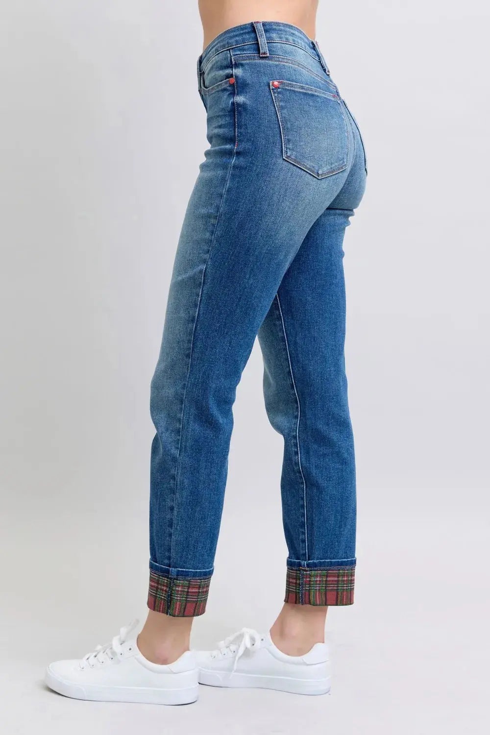 Judy Blue Full/Plus Size Plaid Print Cuff Straight Leg Jeans with Pockets | Be Bliss Boutique