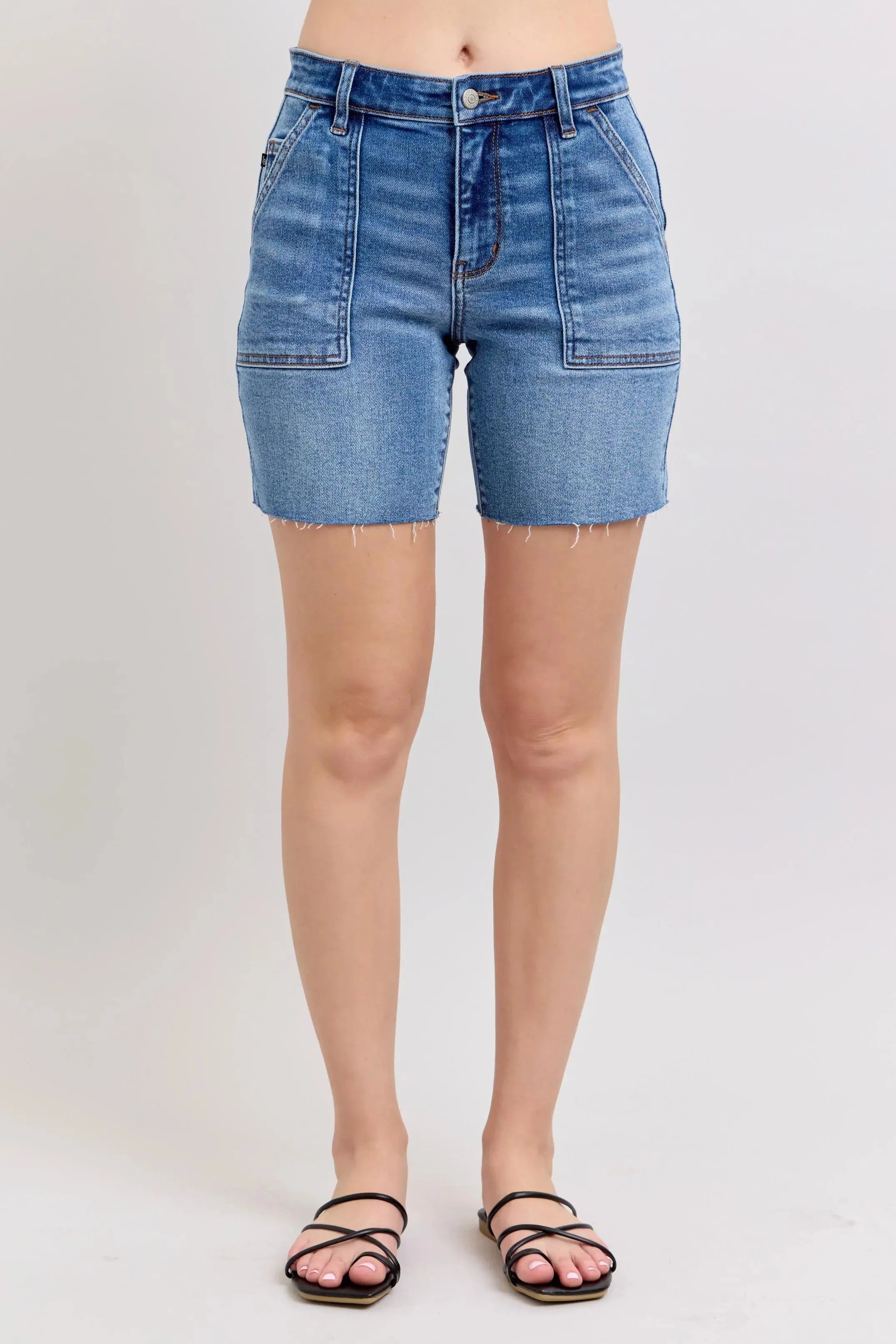 Judy Blue Full Size Mid Rise Bermudas Denim Shorts W/ Back Flap Pockets Plus Size |  Be Bliss Boutique
