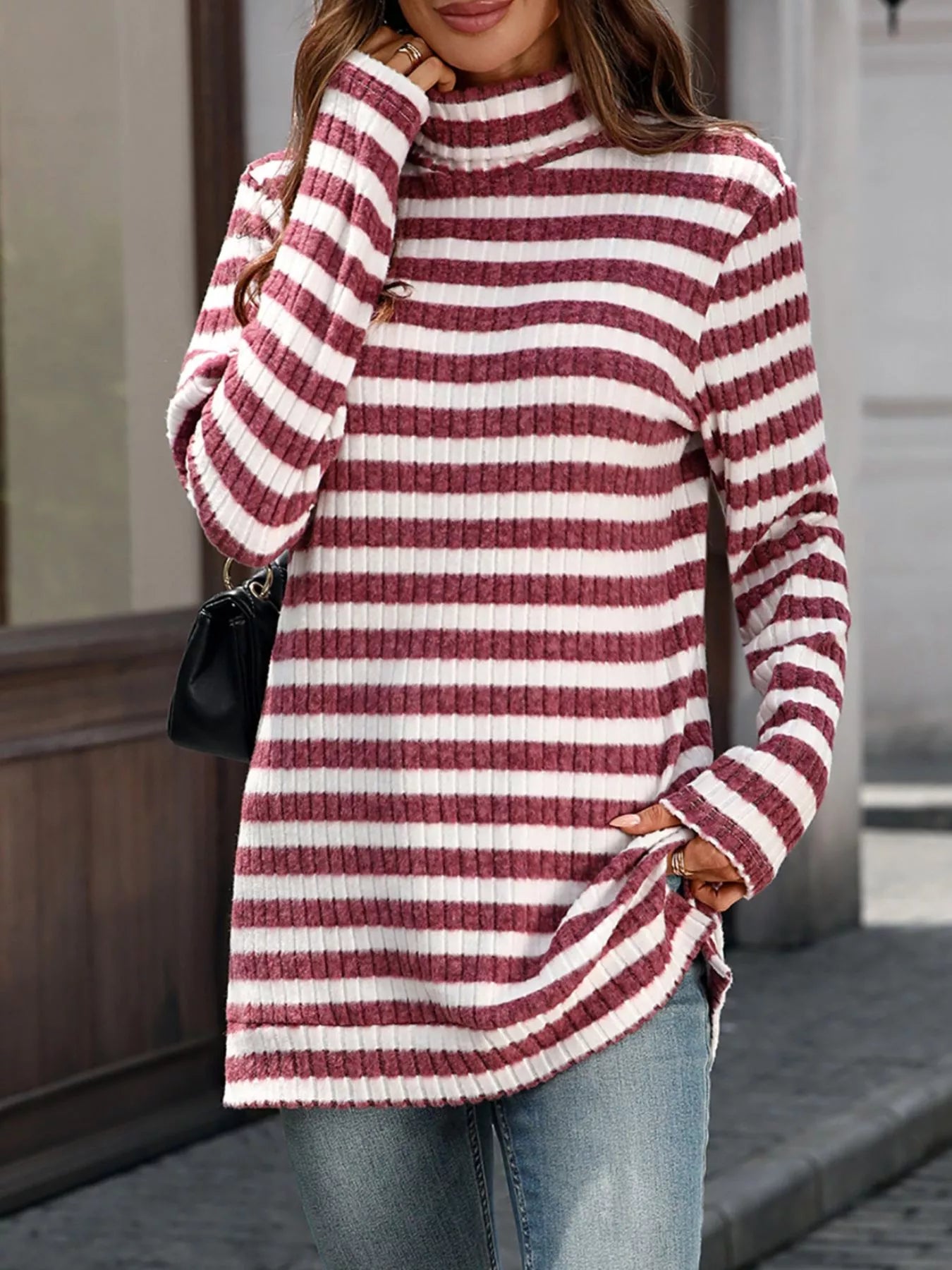Striped Turtleneck Long Sleeve Knit Top - Be Bliss Boutique