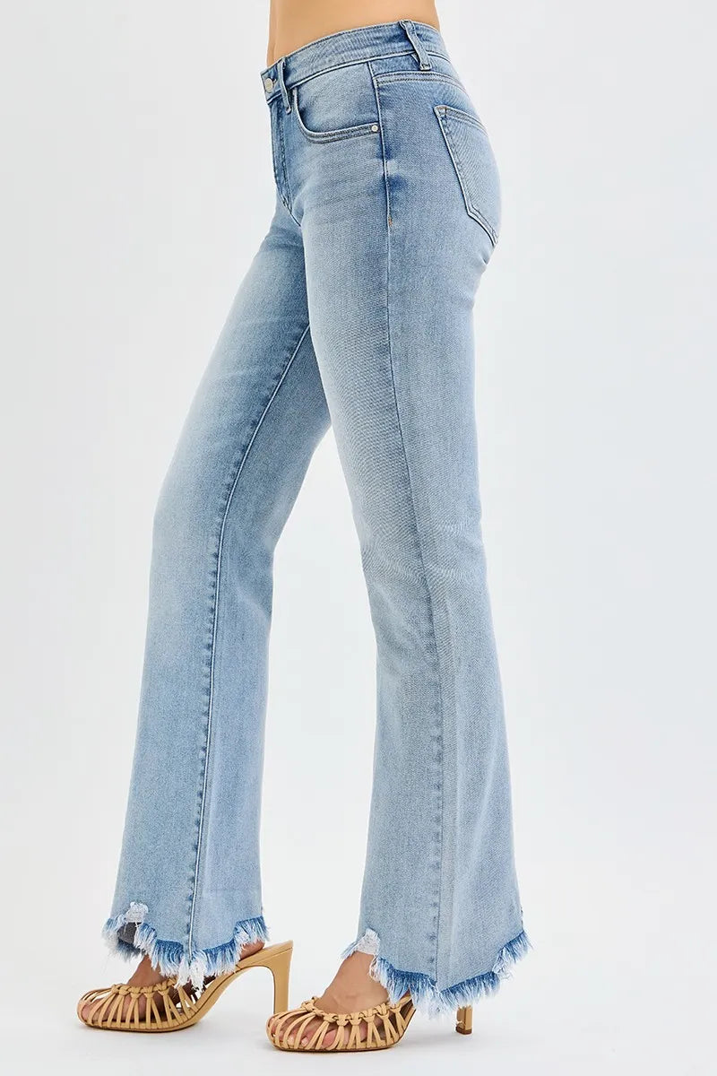 RISEN Full Size Tummy Control Mid Rise Flare Jeans with Fray Hem Detailed Plus Size -  Be Bliss Boutique
