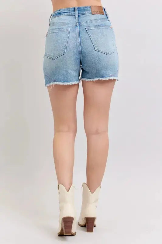 Judy Blue Full Size/Plus Size High Waist Western Embroidery Detail Cut Off Denim Shorts | Be Bliss Boutique