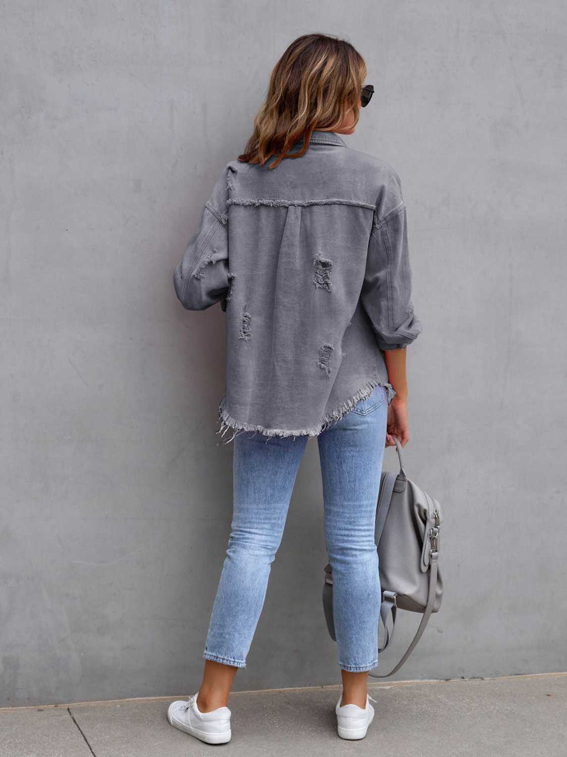 Distressed Drop Shoulder Denim Jacket - Be Bliss Boutique