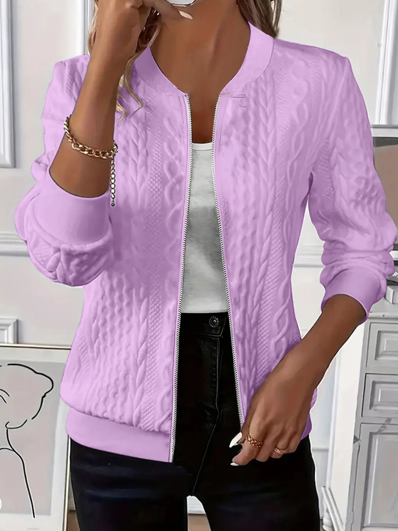 Texture Zip Up Long Sleeve Jacket -  Be Bliss Boutique