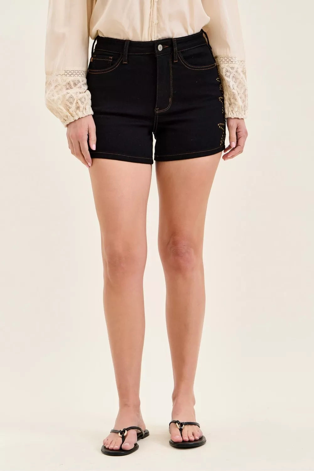 Judy Blue Slim Fit High Waist Denim Shorts with Star Studded Detail - Be Bliss Boutique