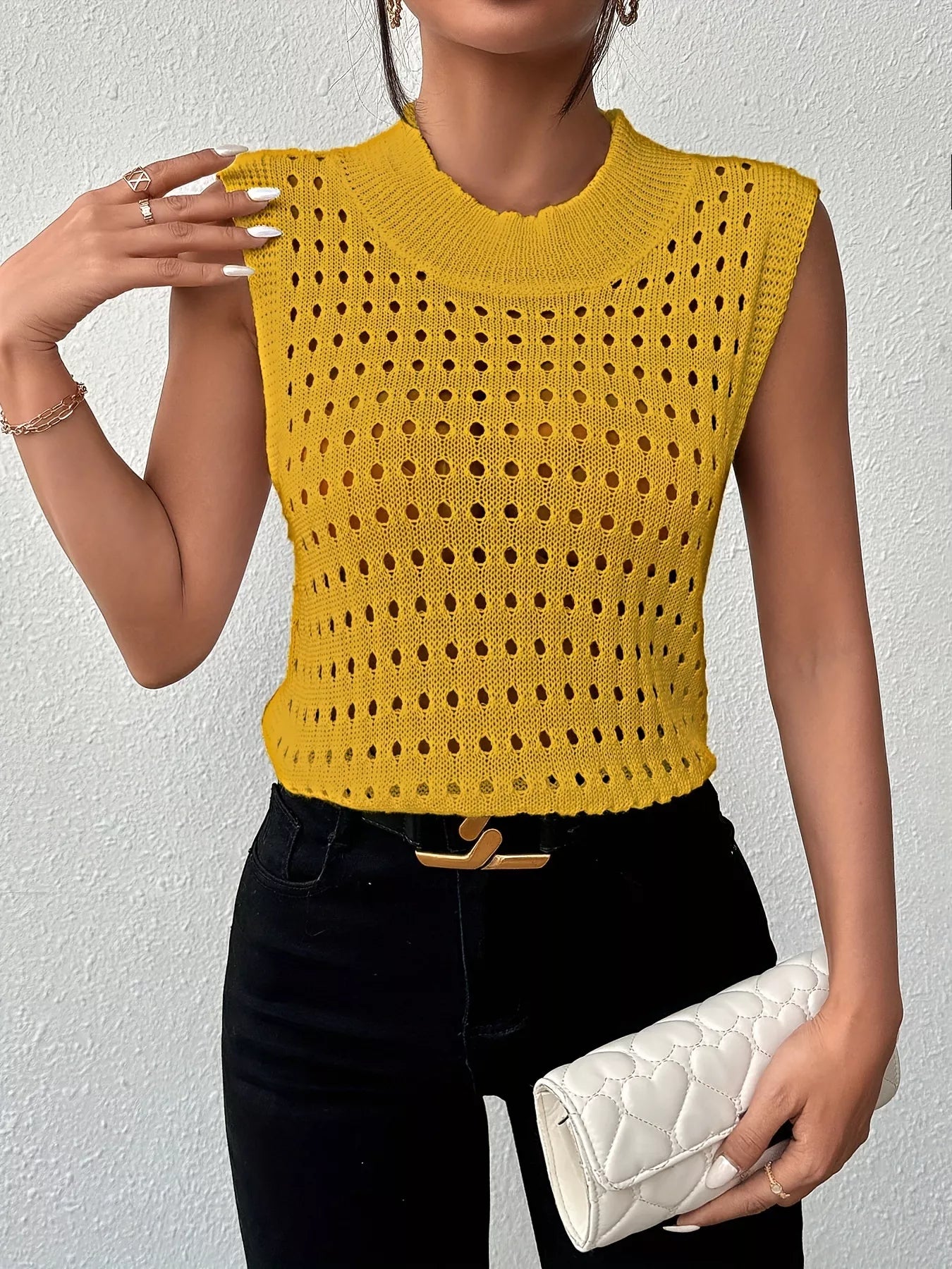 Hollow Out Round Neck Knit Tank -  Be Bliss Boutique