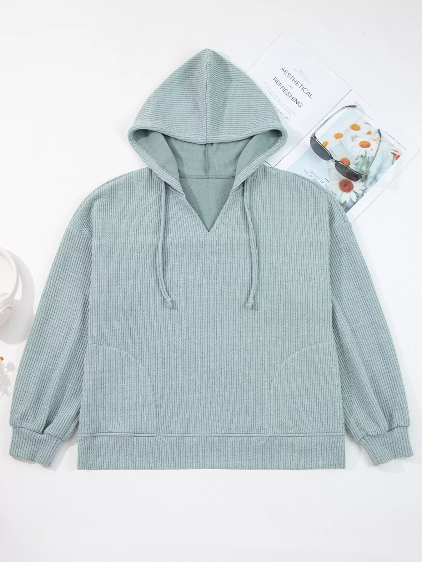 Ribbed Knit Drop Shoulder Hoodie -  Be Bliss Boutique