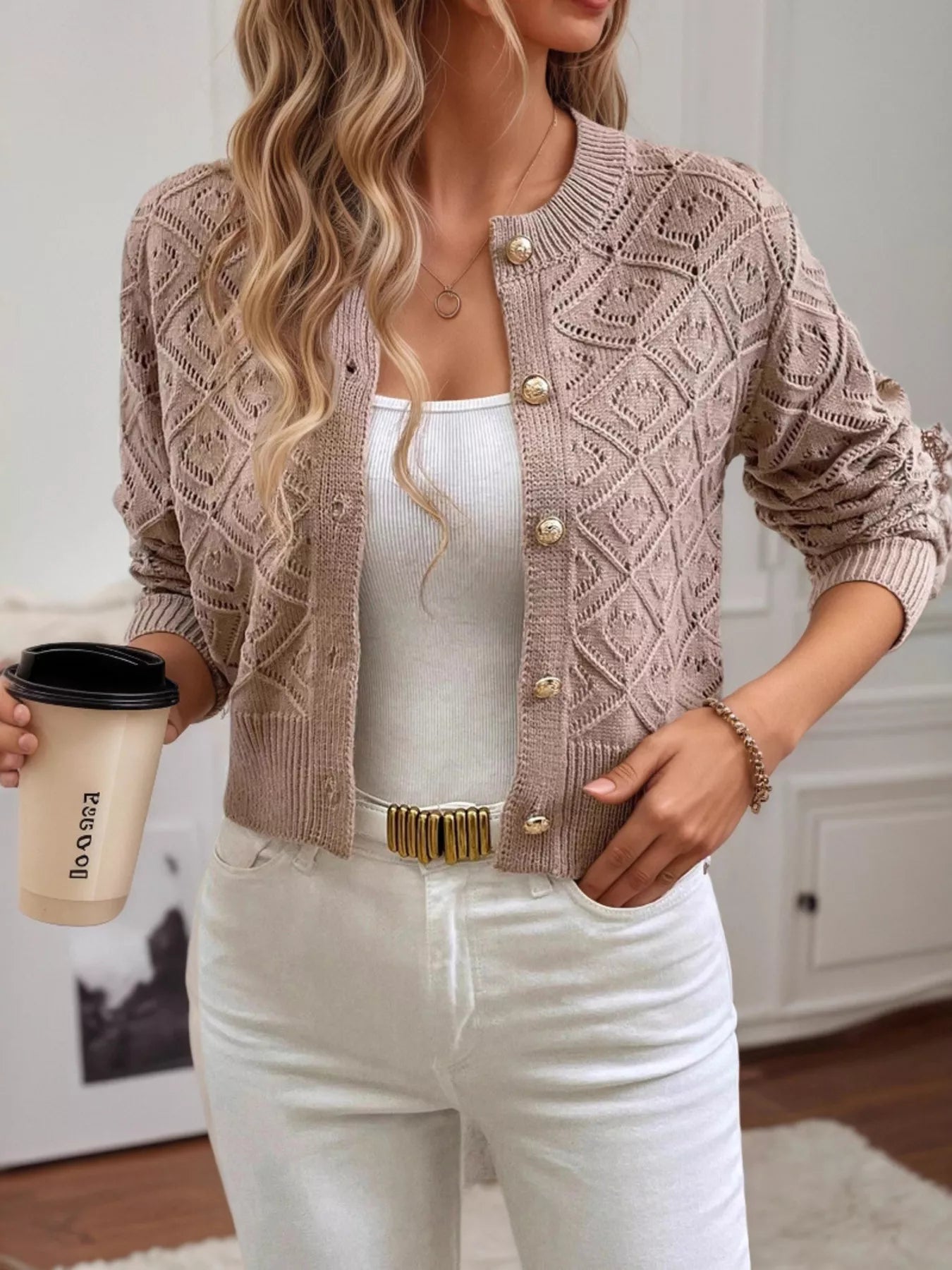Openwork Button Up Long Sleeve Cardigan -  Be Bliss Boutique