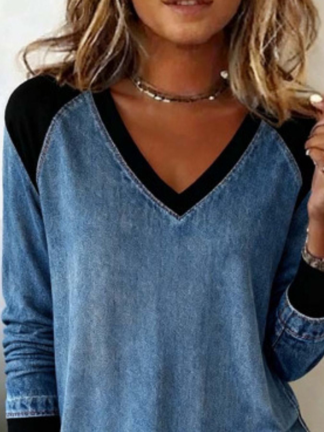 Full Size Patchwork V Neck Long Sleeve Blouse - Be Bliss Boutique