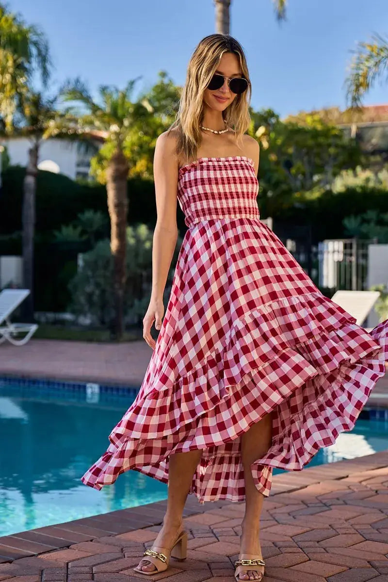 BiBi Smocked Body Off Shoulder Check Dress (Red) 