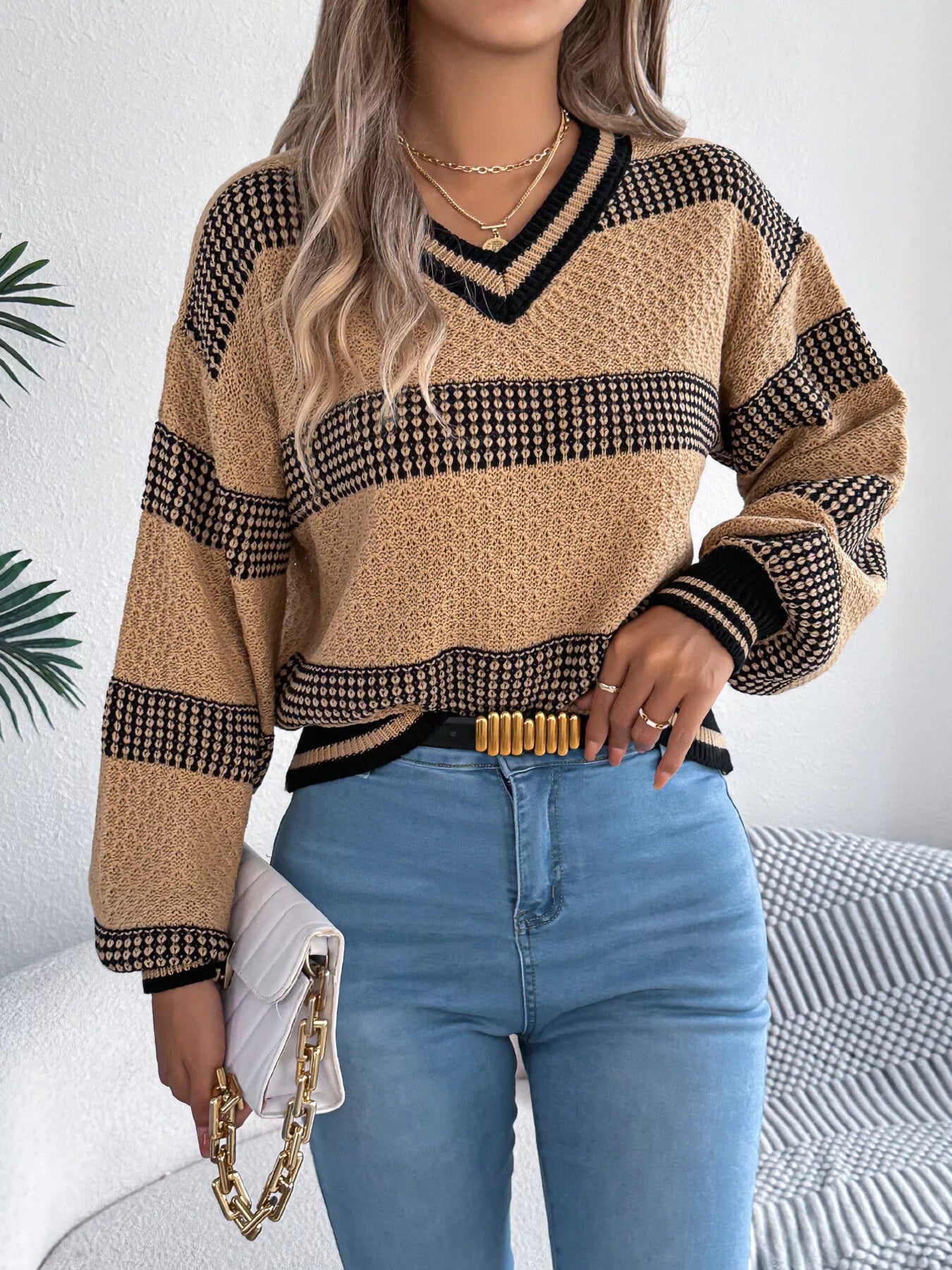 Contrast Striped V-Neck Sweater - Be Bliss Boutique
