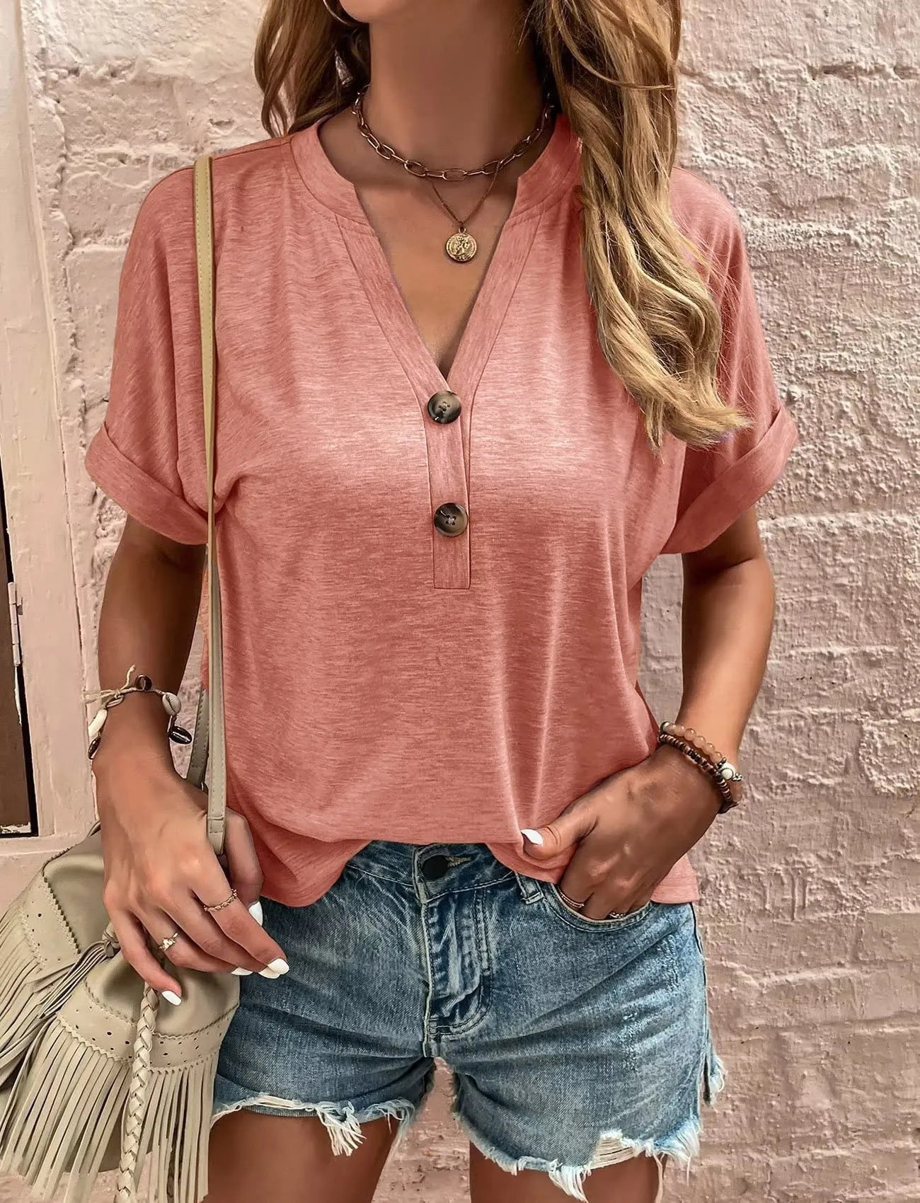 Full Size Notched Short Rolled Sleeve Top Plus Size - Be Bliss Boutique