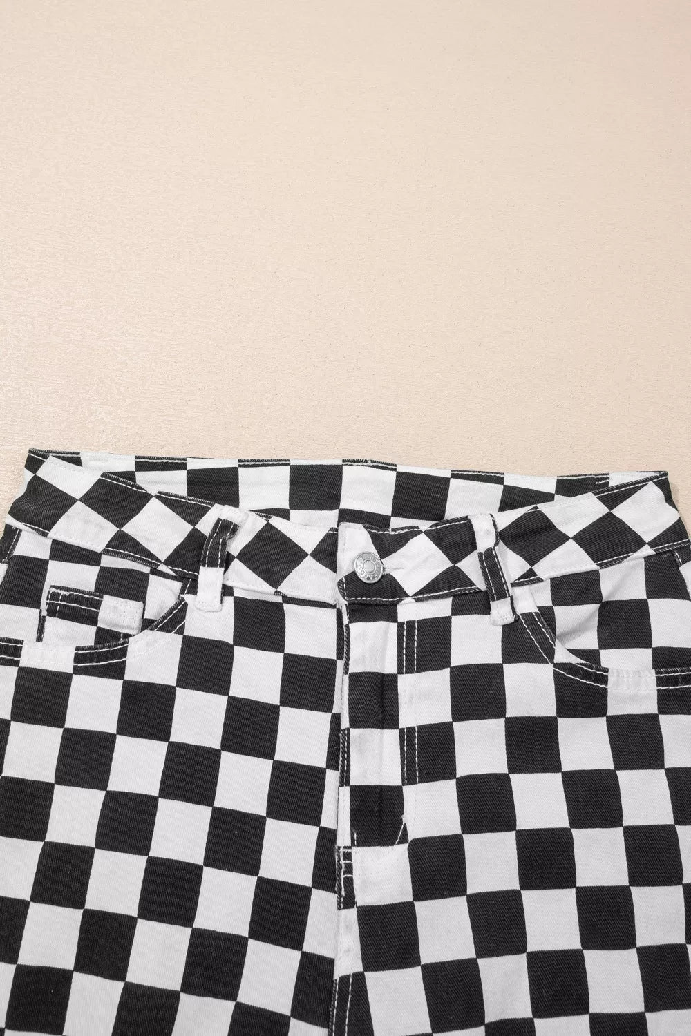 Checkerboard Print Distressed Holes Raw Edge Cropped Jeans - Be Bliss Boutique