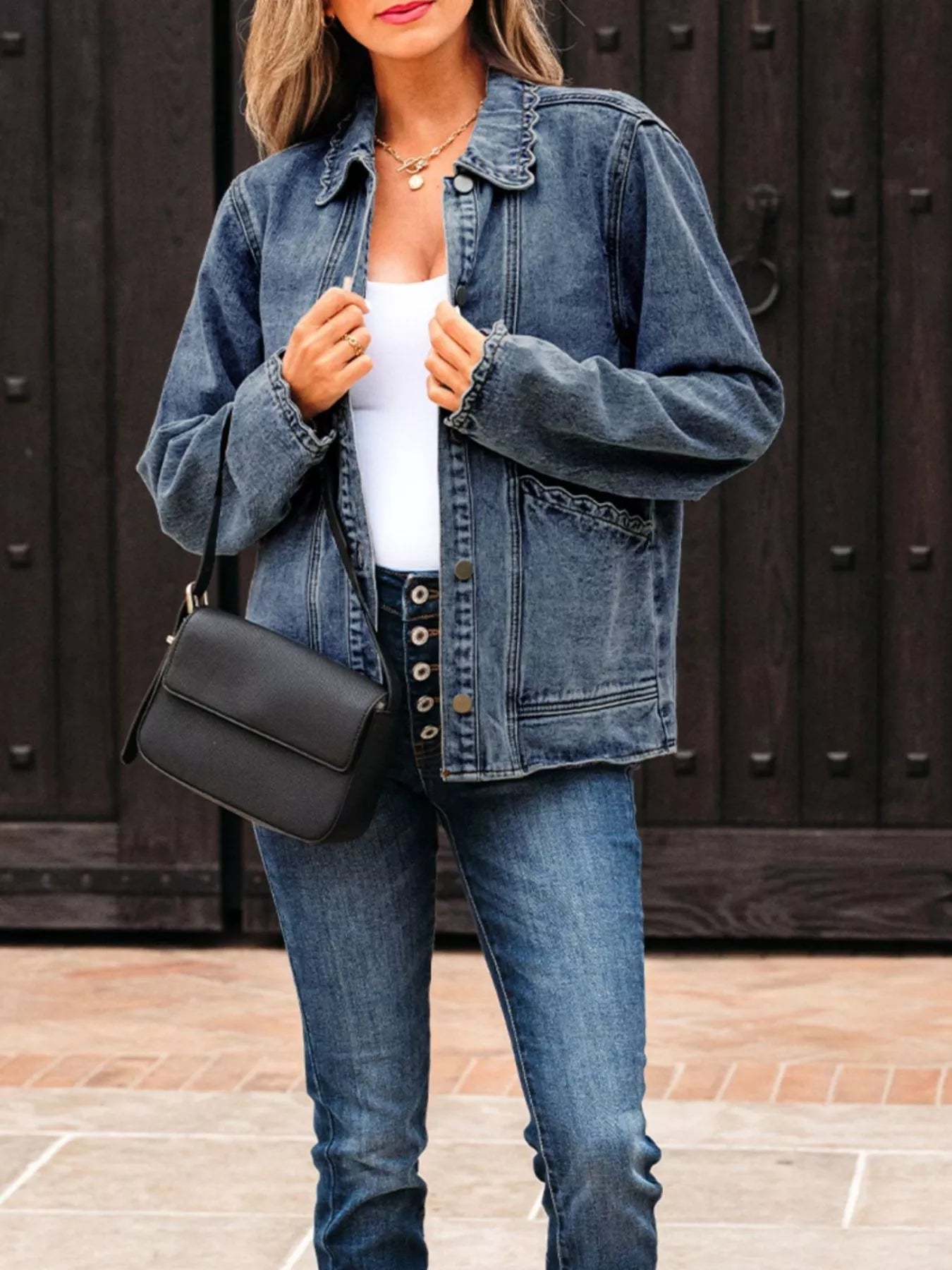 Scallop Trim Collar Patched Pocket Button Up Denim Jacket - Be Bliss Boutique