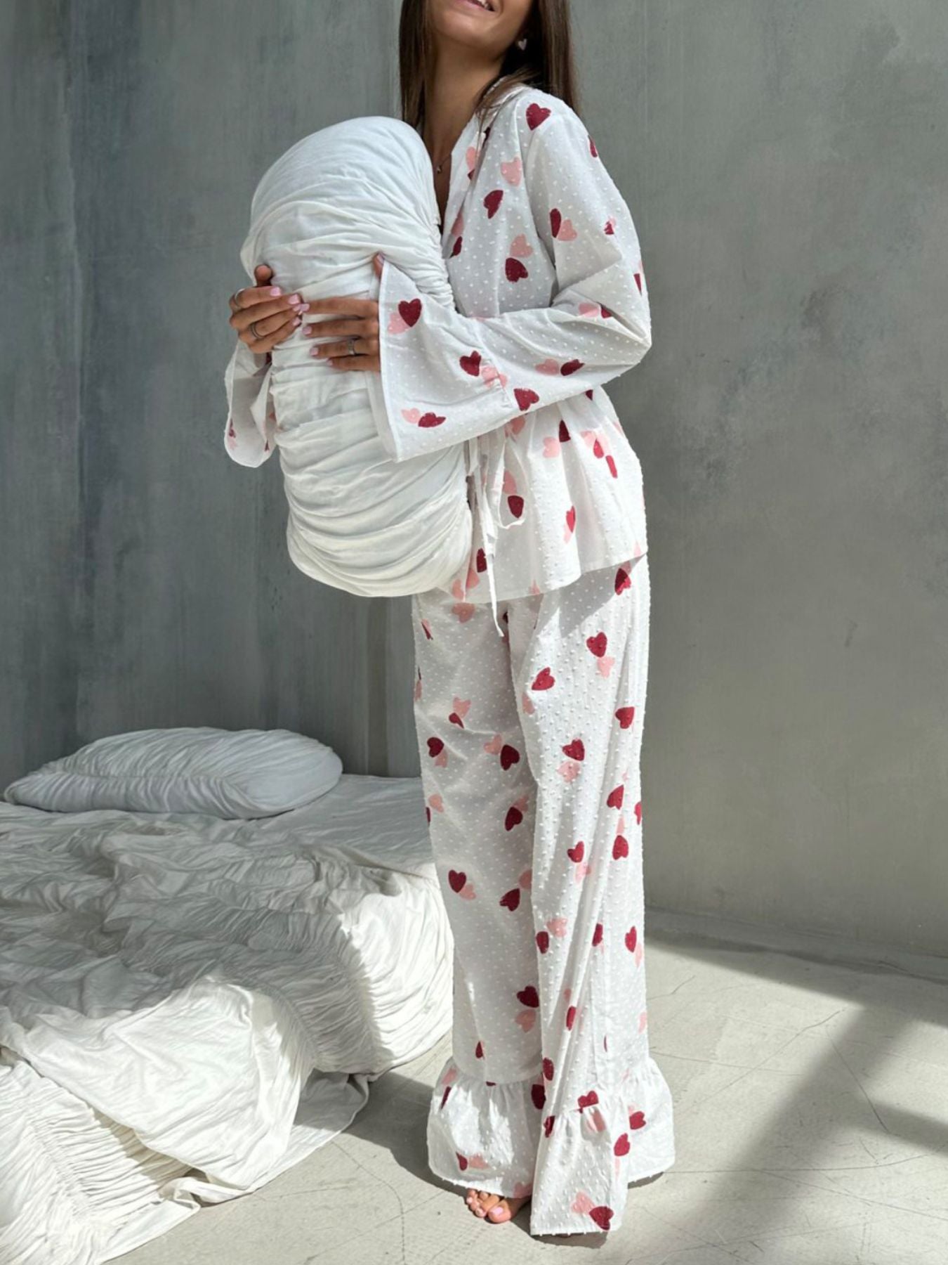 Heart Print Ruffle Trim Button-Up Cotton Lounge Set - Be Bliss Boutique