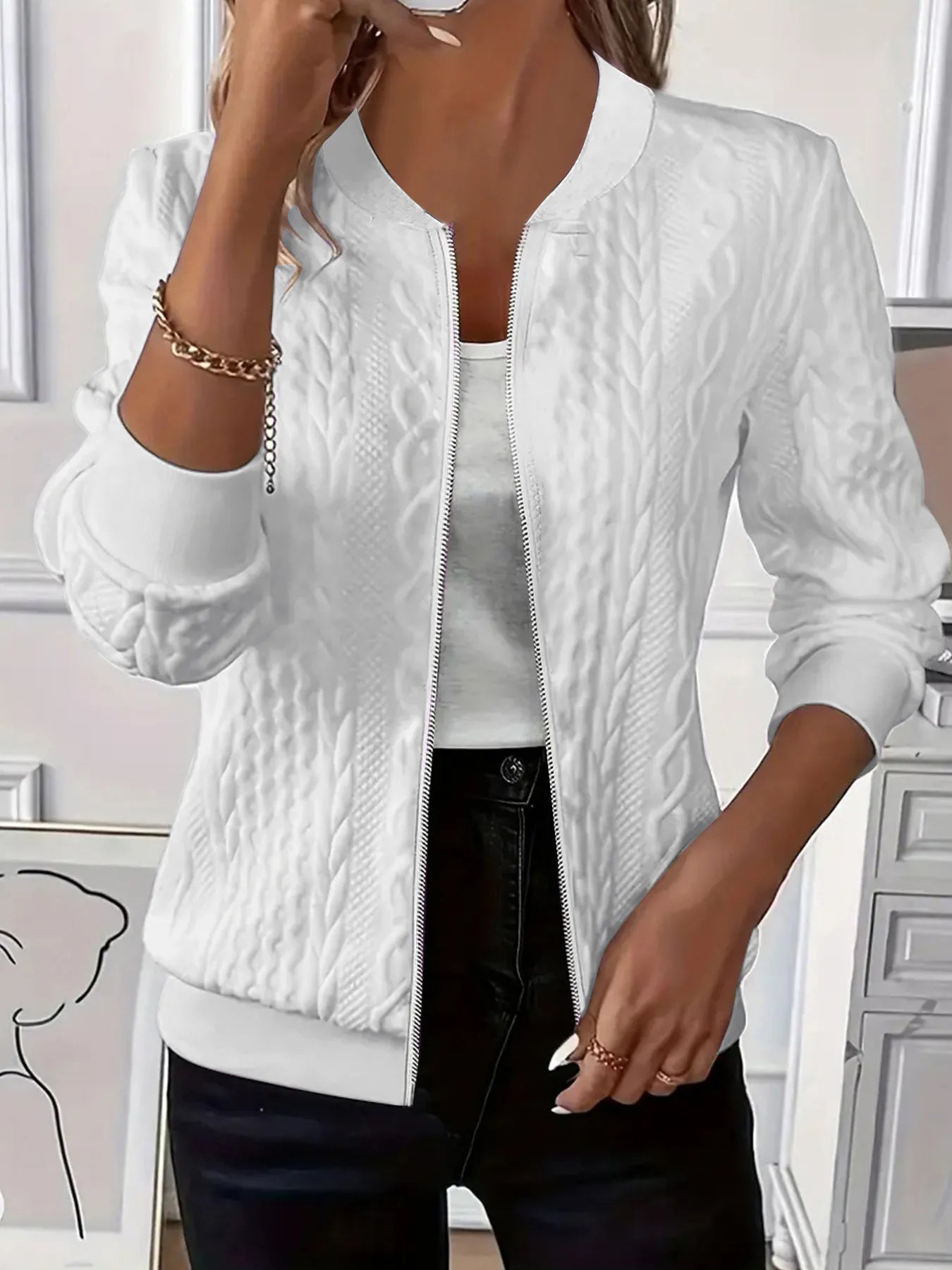 Texture Zip Up Long Sleeve Jacket -  Be Bliss Boutique