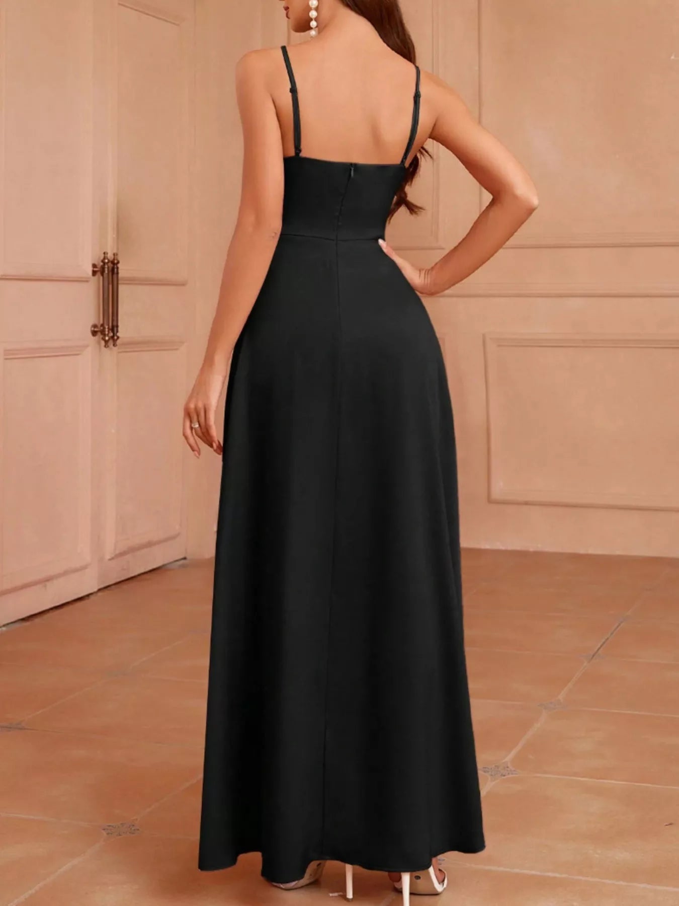 Elegant Wrap Bodice Slit Spaghetti Strap Maxi Dress - Be Bliss Boutique