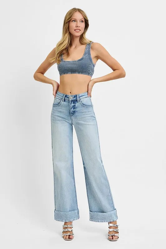 RISEN Full Size Tummy Control High Rise Ankle Wide Cuffed Jeans Plus Size -  Be Bliss Boutique