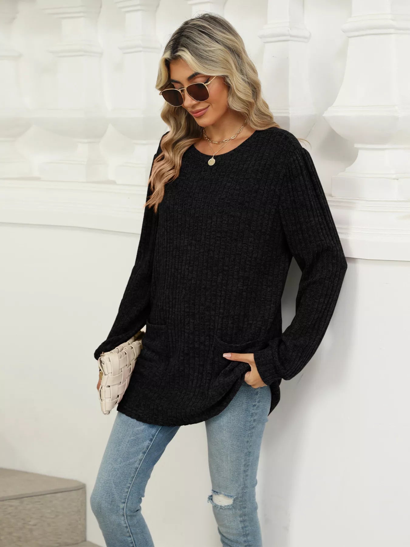 Cozy Ribbed Knit Long Sleeve Tunic Top with Pockets -  Be Bliss Boutique