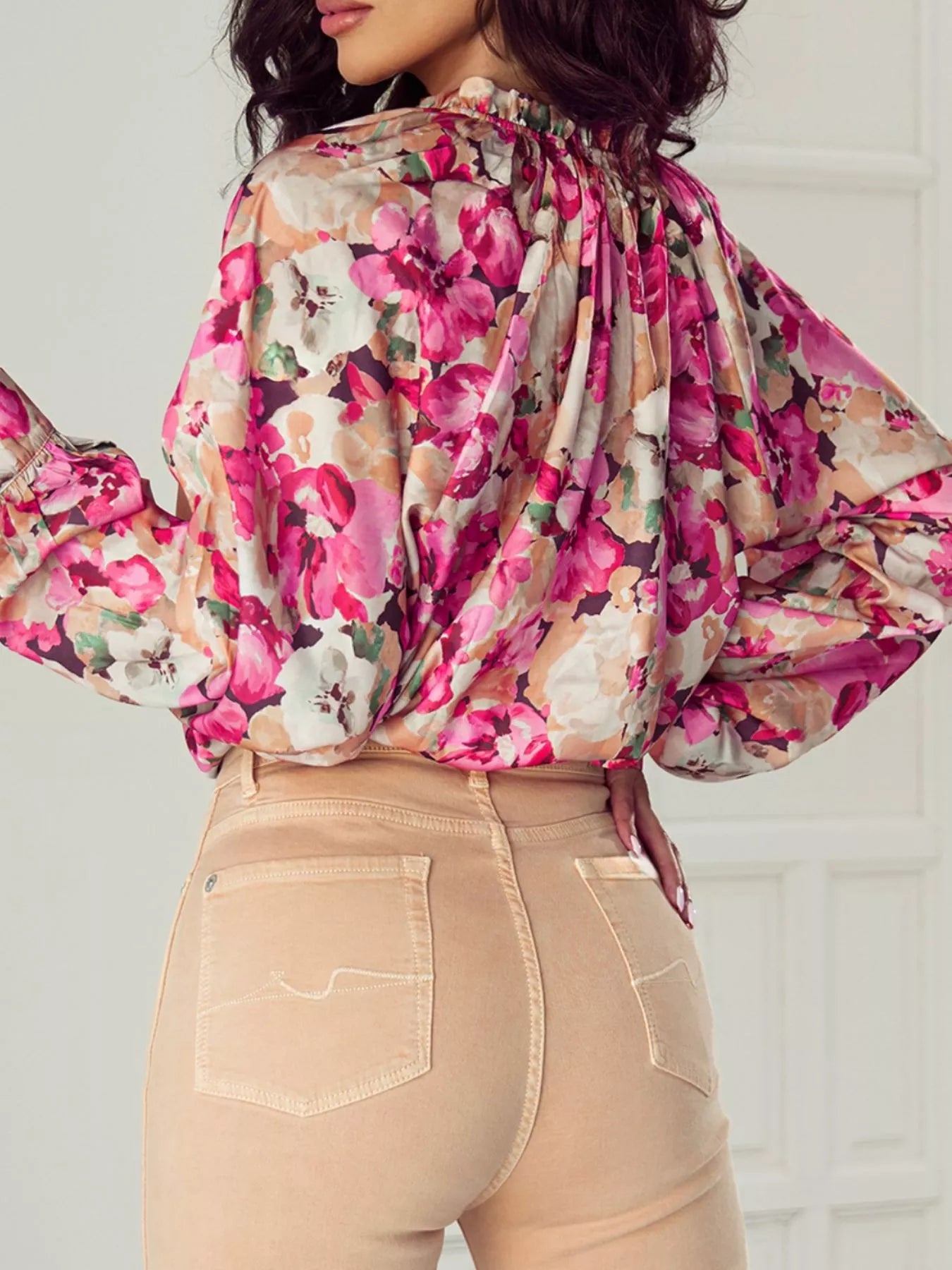 Floral Print Ruffle Trim Long Sleeve Shirt - Be Bliss Boutique