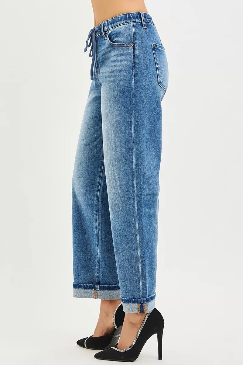 RISEN Jeans - Elastic Waist Slouchy Boyfriend Ankle Jeans with Cuffed Hem - Be Bliss Boutique